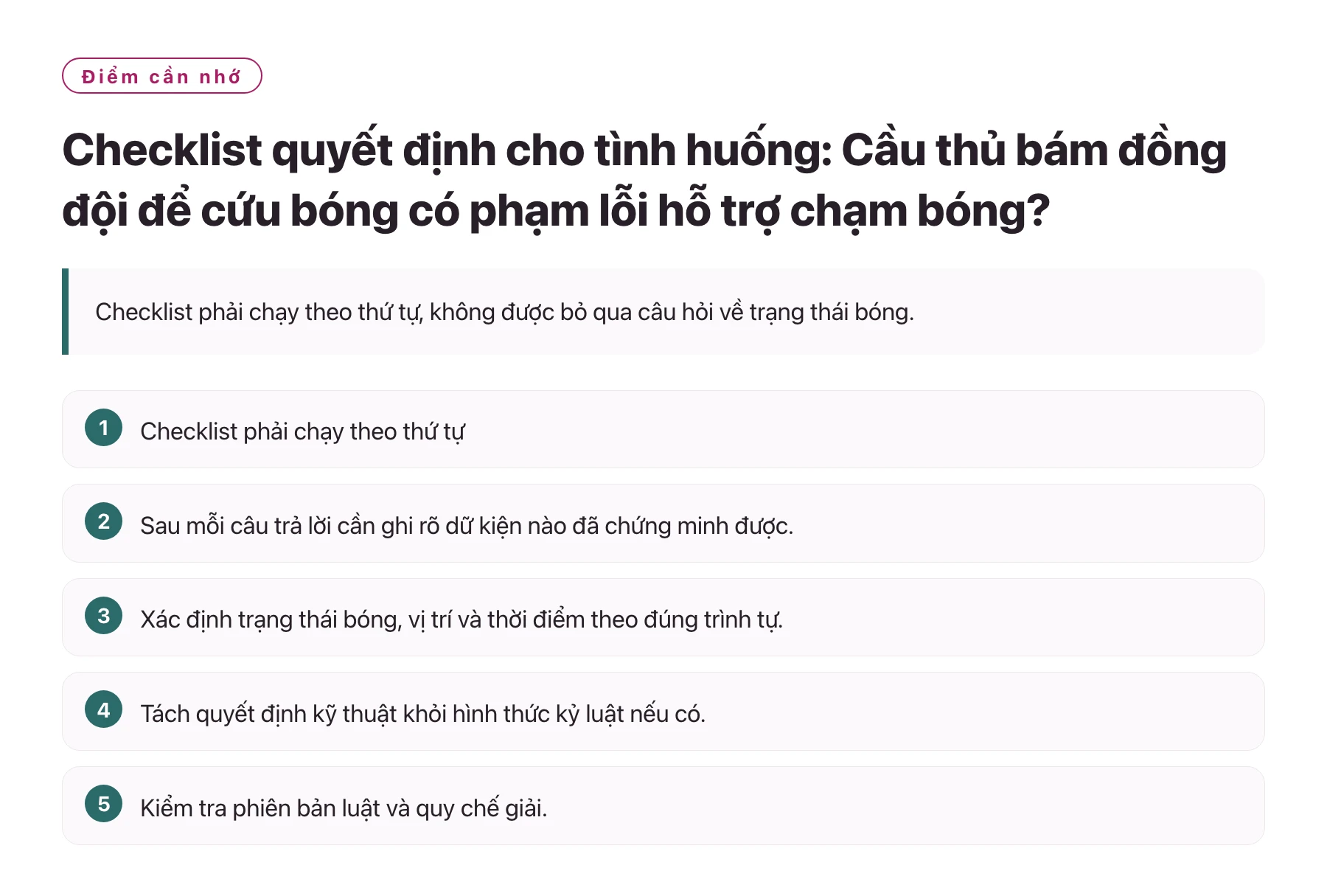 Checklist quyết định cho tình huống: Cầu thủ bám đồng đội để cứu bóng có phạm lỗi hỗ trợ chạm bóng?——全文要点速览