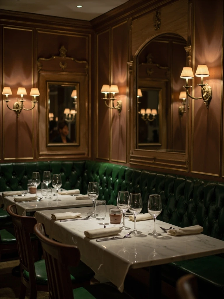The brasserie room with green leather banquettes and marble tables