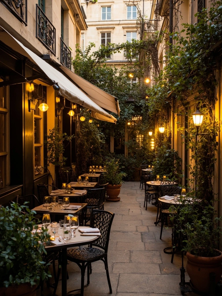 The plant-filled courtyard dining area at golden hour