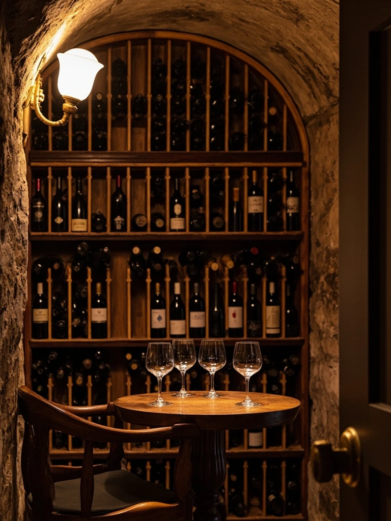The 1,800-bottle wine cellar with wooden tasting table