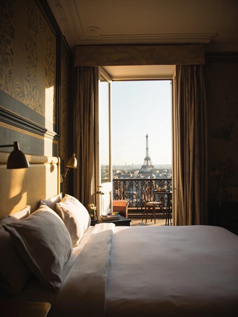 Signature Eiffel-view room with king bed dressed in white linen