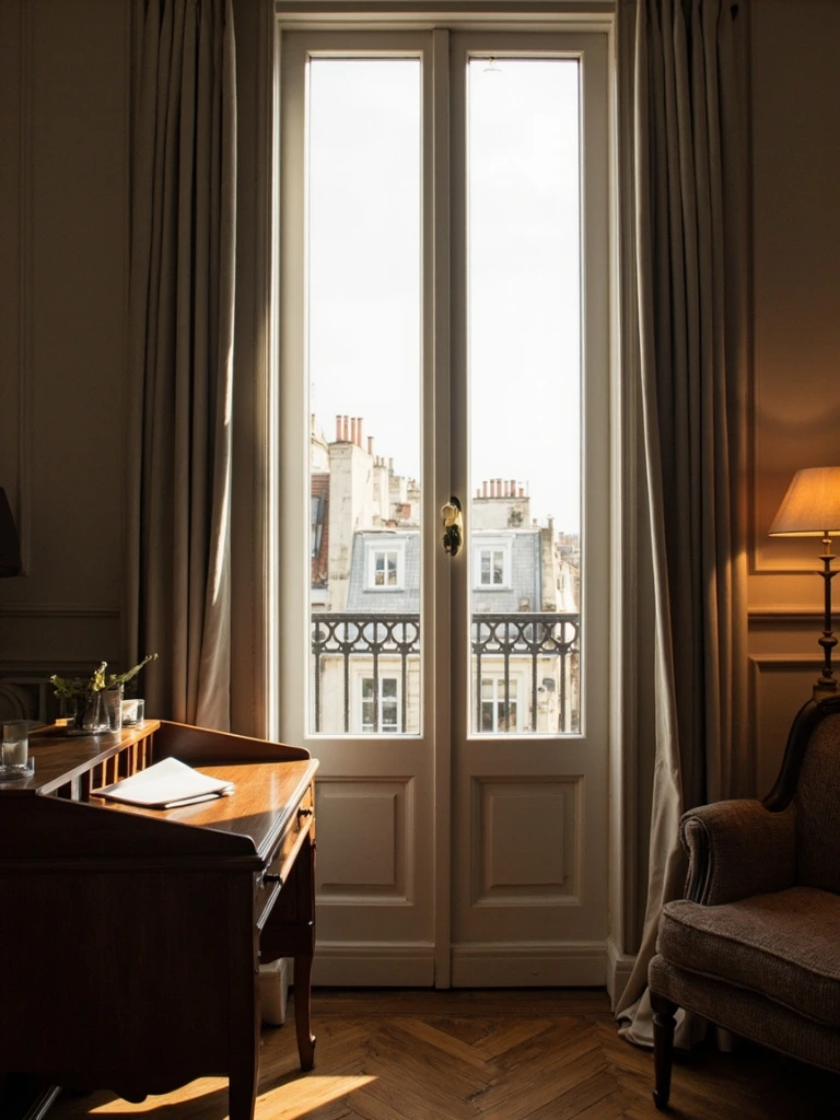 Classic double room with a writing desk and rooftop view