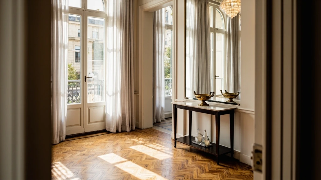 The hushed entrance hall of Hôtel de l'Europe, photographed in natural daylight.