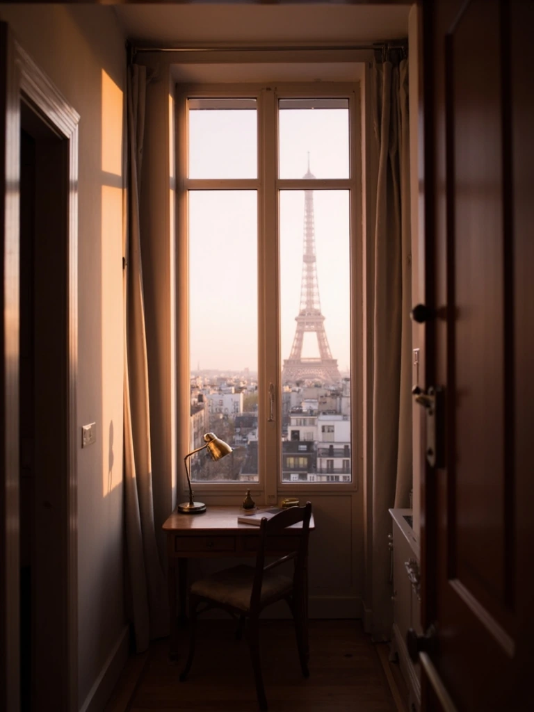 Room 401 at dawn, with the Eiffel Tower framed through the casement window.