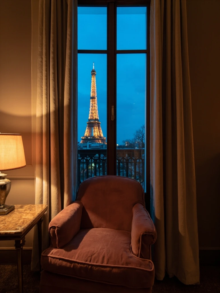 Room 402 in evening light, with the illuminated Eiffel Tower visible through the window.