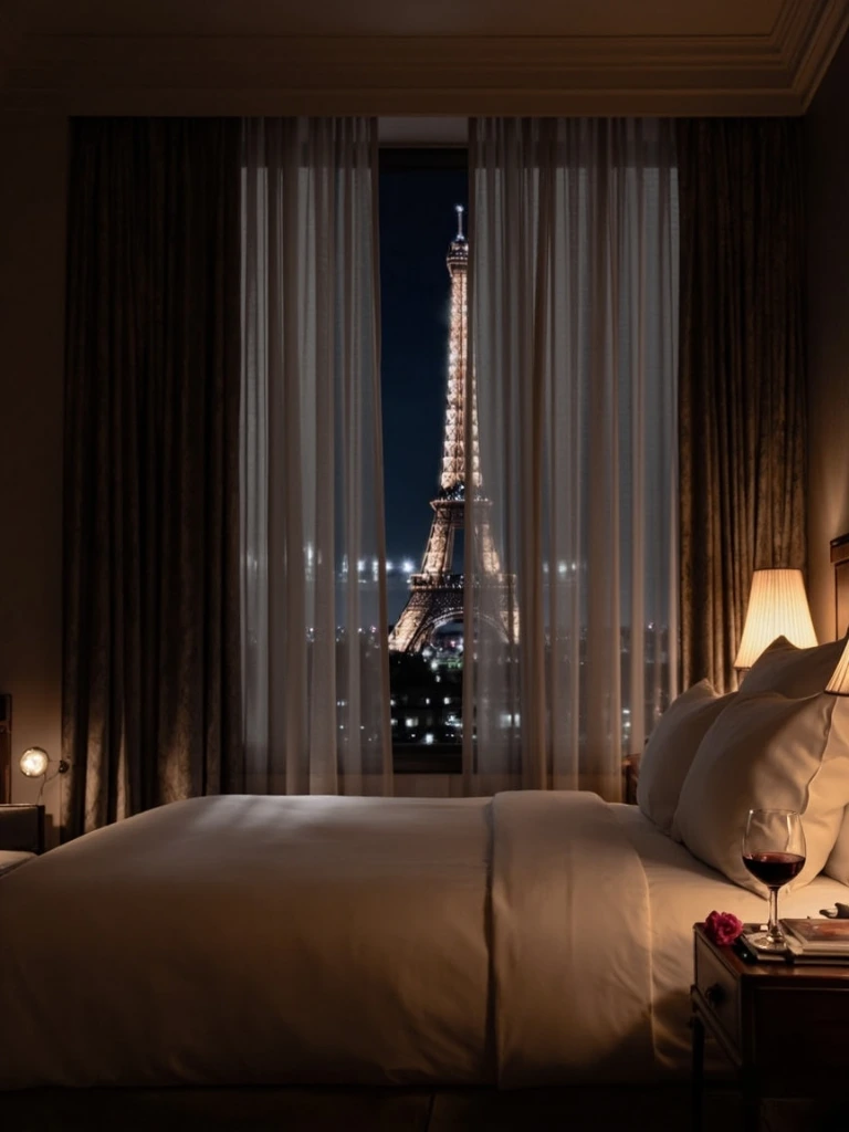 Room 501 prepared for nightly turndown service, with the Eiffel Tower sparkling beyond the curtain.