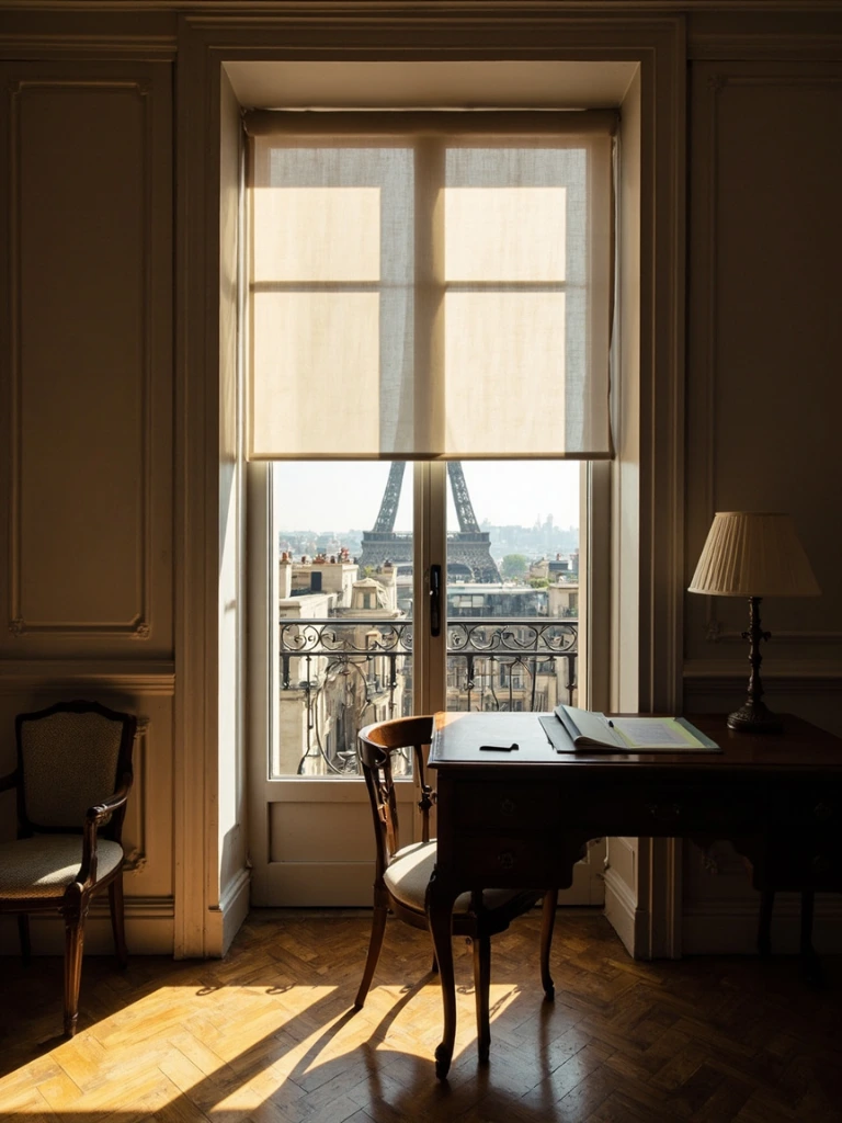 Room 502 in morning light, the Eiffel Tower aligned through the central window.